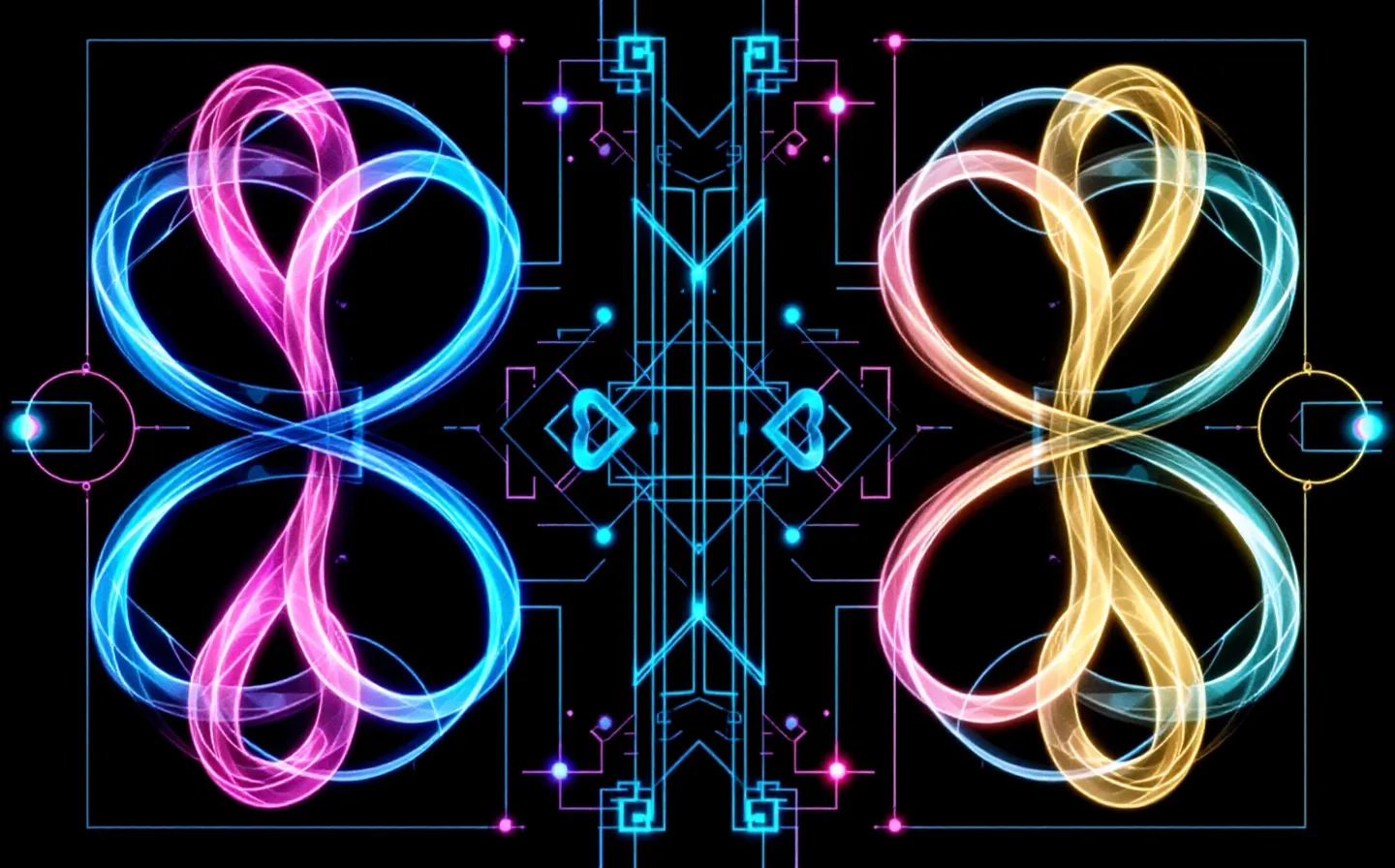 Abstract carved-glyph Cyber-Tribal plate of two mirrored peptide emblems in magenta and jade neon around a central axis on a deep obsidian ground